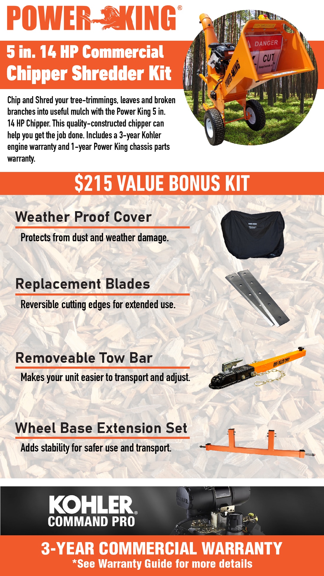 Power King 5 in. 14 HP Kohler Gas Powered Chipper Shredder Kit with